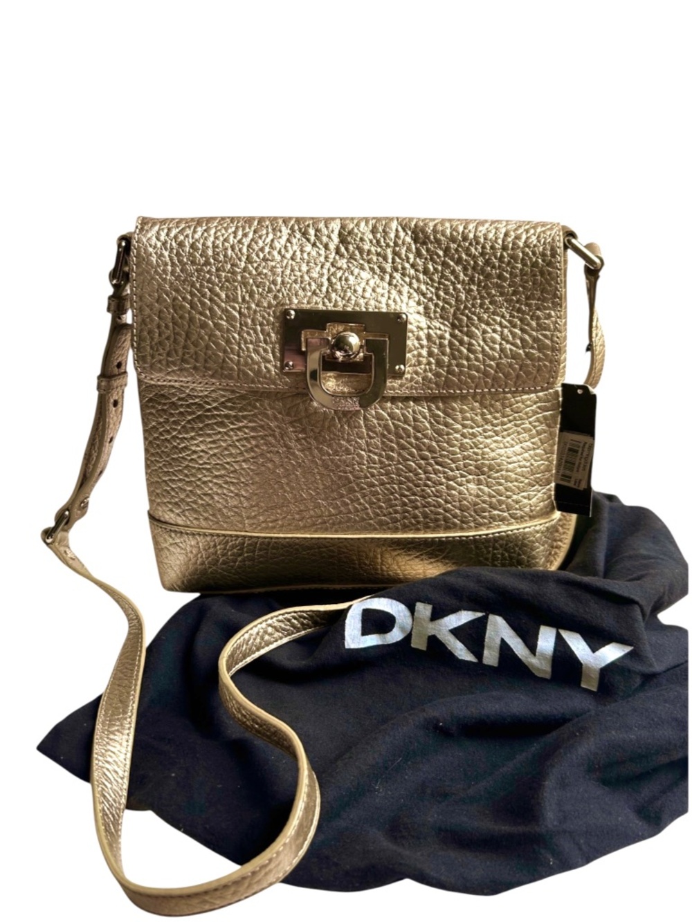 NWT DKNY Donna Karan New York French Grain Leather Crossbody Gold Dust Cover